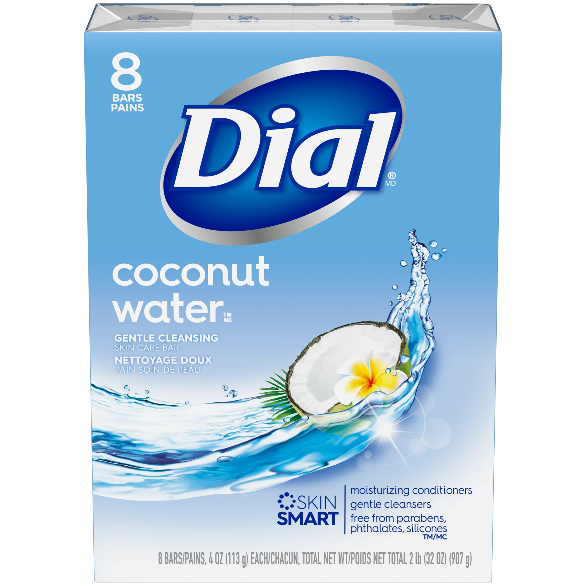 Dial Coconut Water Bar Soap, Hydrating Clean, 4 oz – (8 Bars Total)
