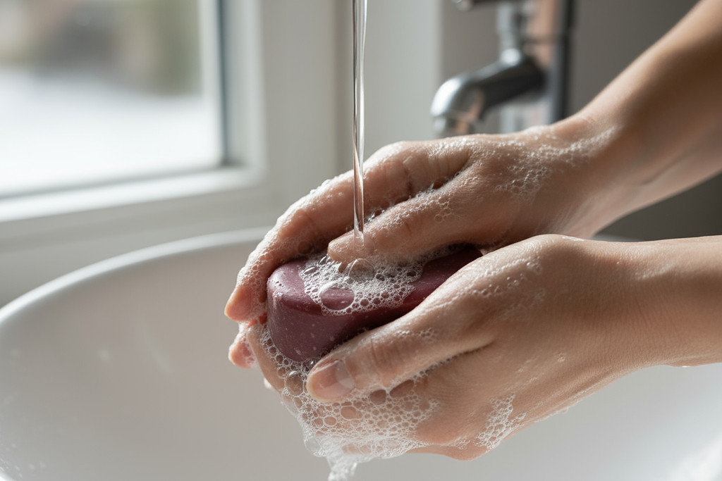create an image of someone using a maroon color bar of soap to wash their hands or body 