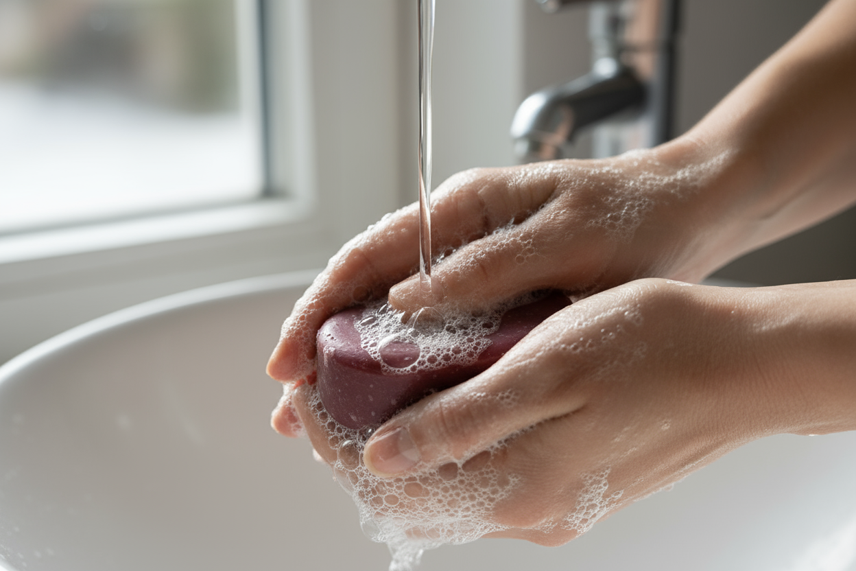 create an image of someone using a maroon color bar of soap to wash their hands or body 