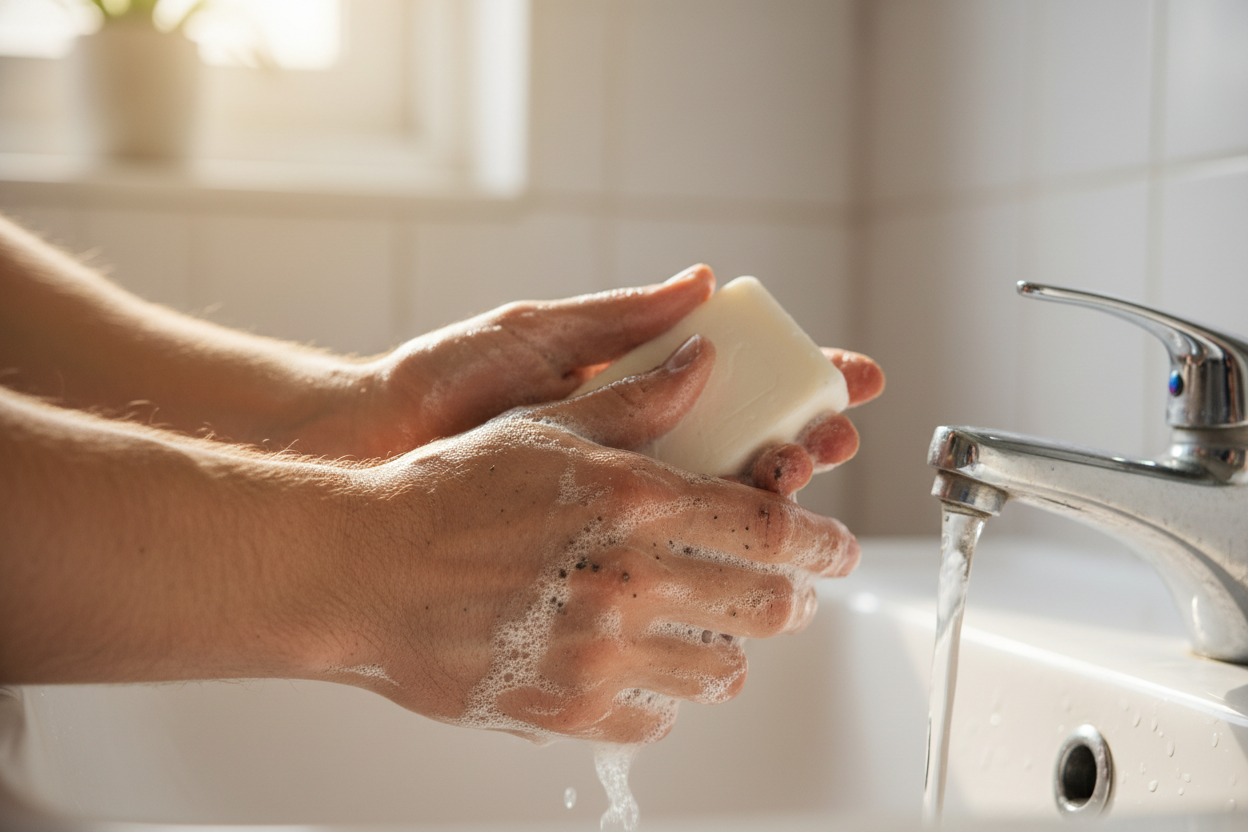 create an image of someone using a white bar of soap to wash their dirty kids hands